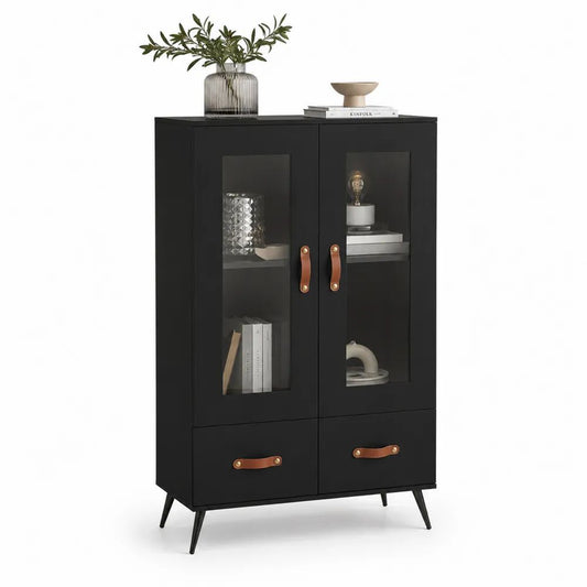 Buffet-vitrine noir et marron à 2 portes vitrées et 2 tiroirs en bois, verre et métal, 80 × 35 × 120 cm