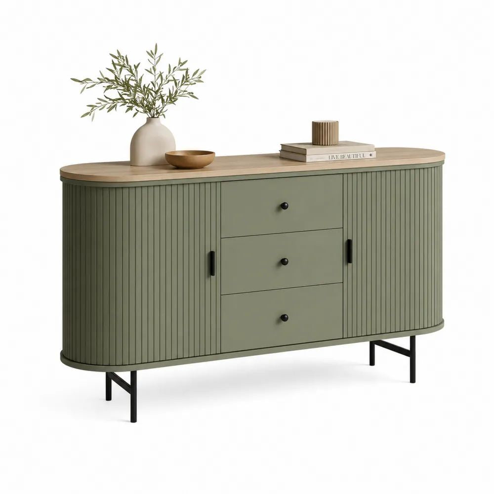 Buffet en MDF et métal à 2 portes et 3 tiroirs, vert olive, chêne clair et noir, 140 × 40 × 85 cm