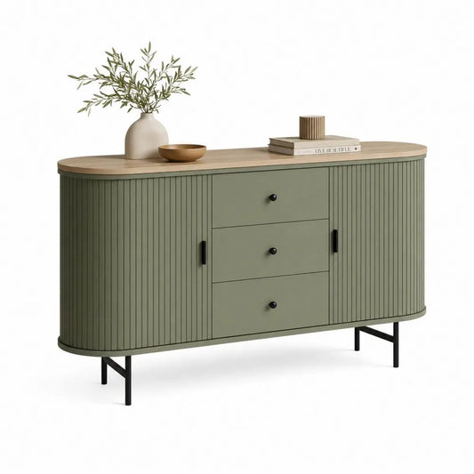 Buffet en MDF et métal à 2 portes et 3 tiroirs, vert olive, chêne clair et noir, 140 × 40 × 85 cm