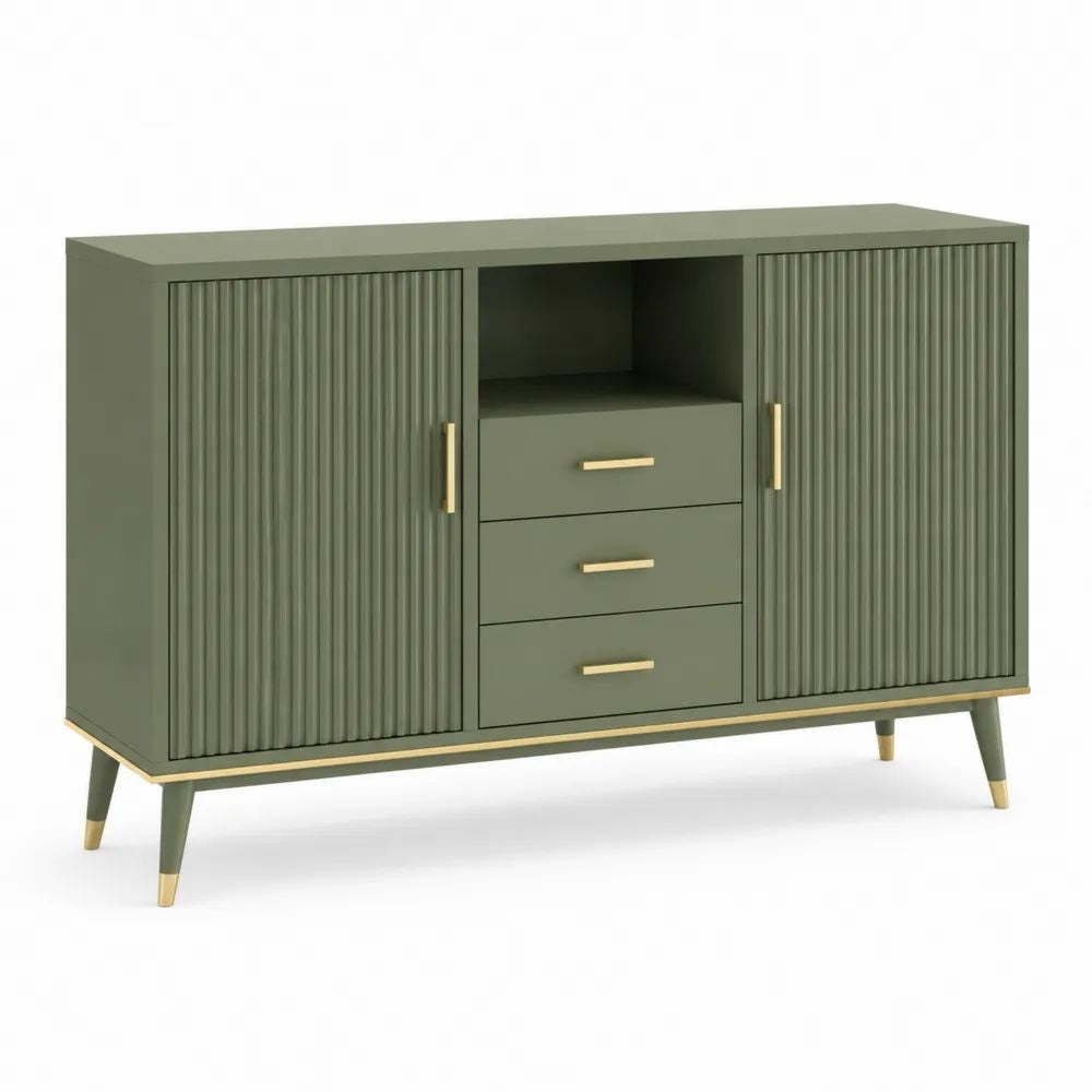 Buffet rectangulaire en MDF à 2 portes, 3 tiroirs et 1 niche, vert olive et laiton, 120 × 40 × 85 cm