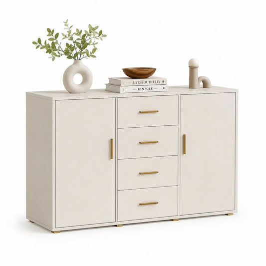 Buffet de rangement en panneaux de particules mélaminés blanc cassé et doré, 2 portes et 4 tiroirs, 120 × 40 × 85 cm