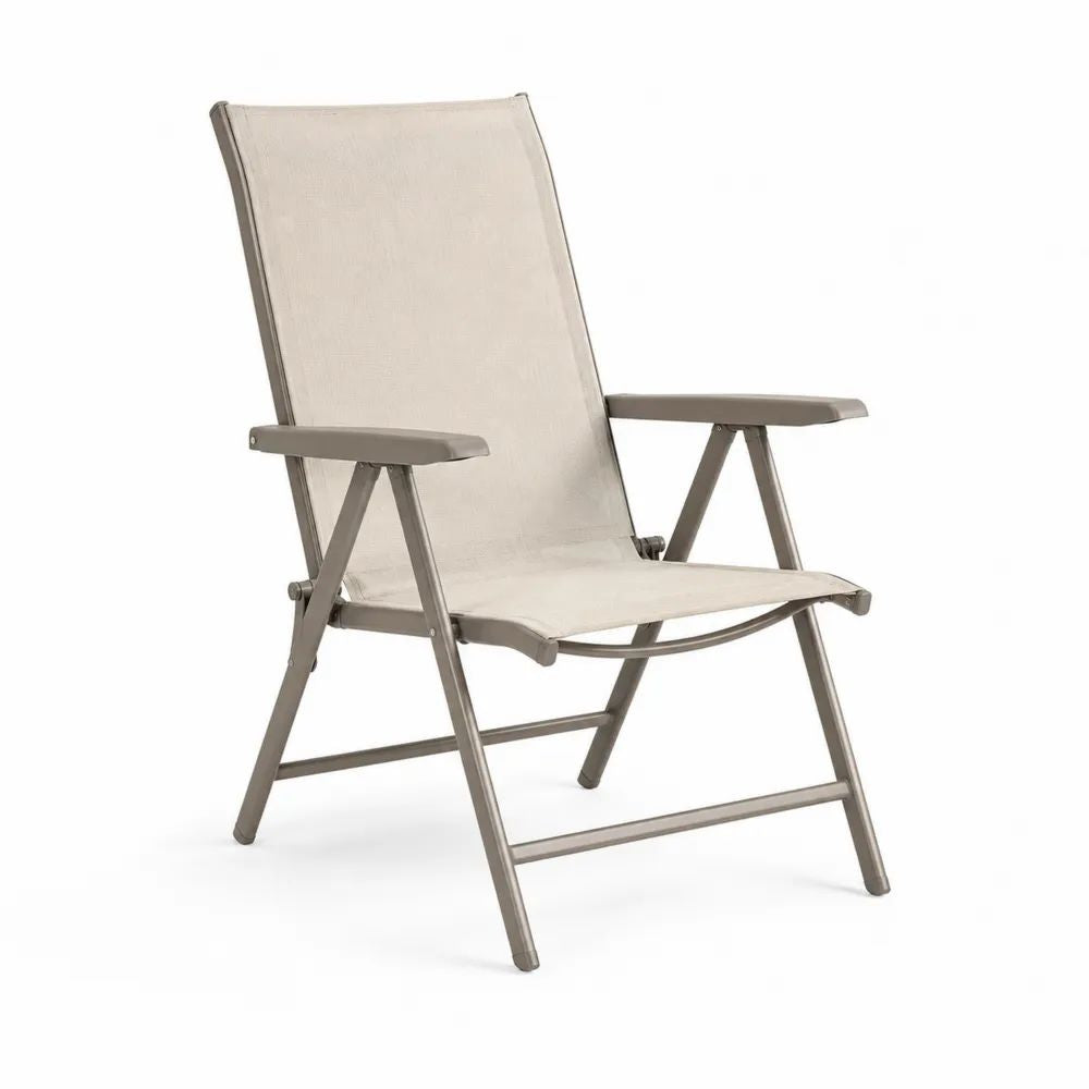 Chaise de jardin pliante et inclinable en acier et textilène beige et taupe, 65 × 58 × 110 cm