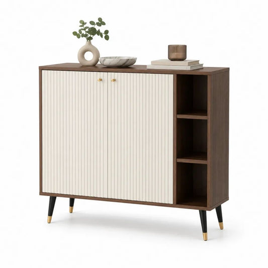 Buffet en MDF à 2 portes rainurées et 3 niches, brun noyer et ivoire, 120 × 40 × 100 cm