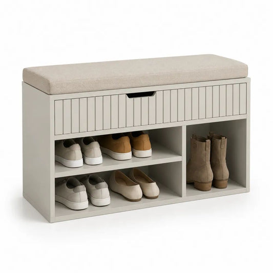Banc à chaussures en bois avec assise rembourrée et tiroir, gris beige et beige, 100 × 35 × 60 cm