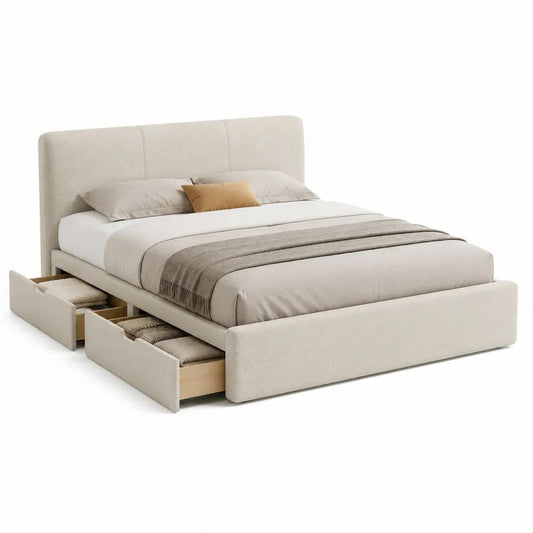 Lit double avec rangement, 2 tiroirs, revêtement en tissu bouclé beige, couchage 160 x 200 cm, dimensions 218 x 174 x 112 cm