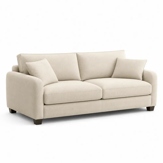 Canapé droit 3 places en polyester beige avec 2 coussins, 200 × 90 × 88 cm