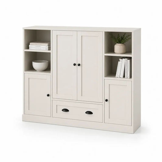 Buffet blanc en MDF et panneaux de particules, 4 portes, 1 tiroir et 4 niches, 140 × 40 × 120 cm