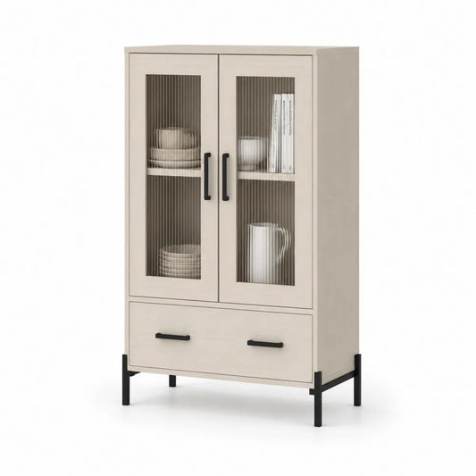 Vaisselier buffet haut en bois, verre et métal, 2 portes vitrées et 1 tiroir, beige clair et noir, 80 × 40 × 140 cm