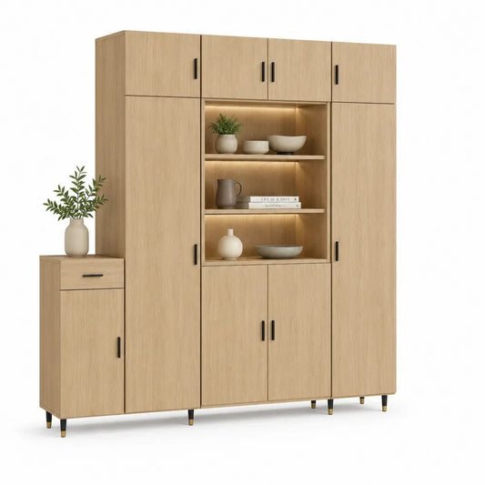 Buffet vaisselier rectangulaire en bois, 2 éléments, effet chêne clair avec éclairage LED, 205 x 40 x 220 cm