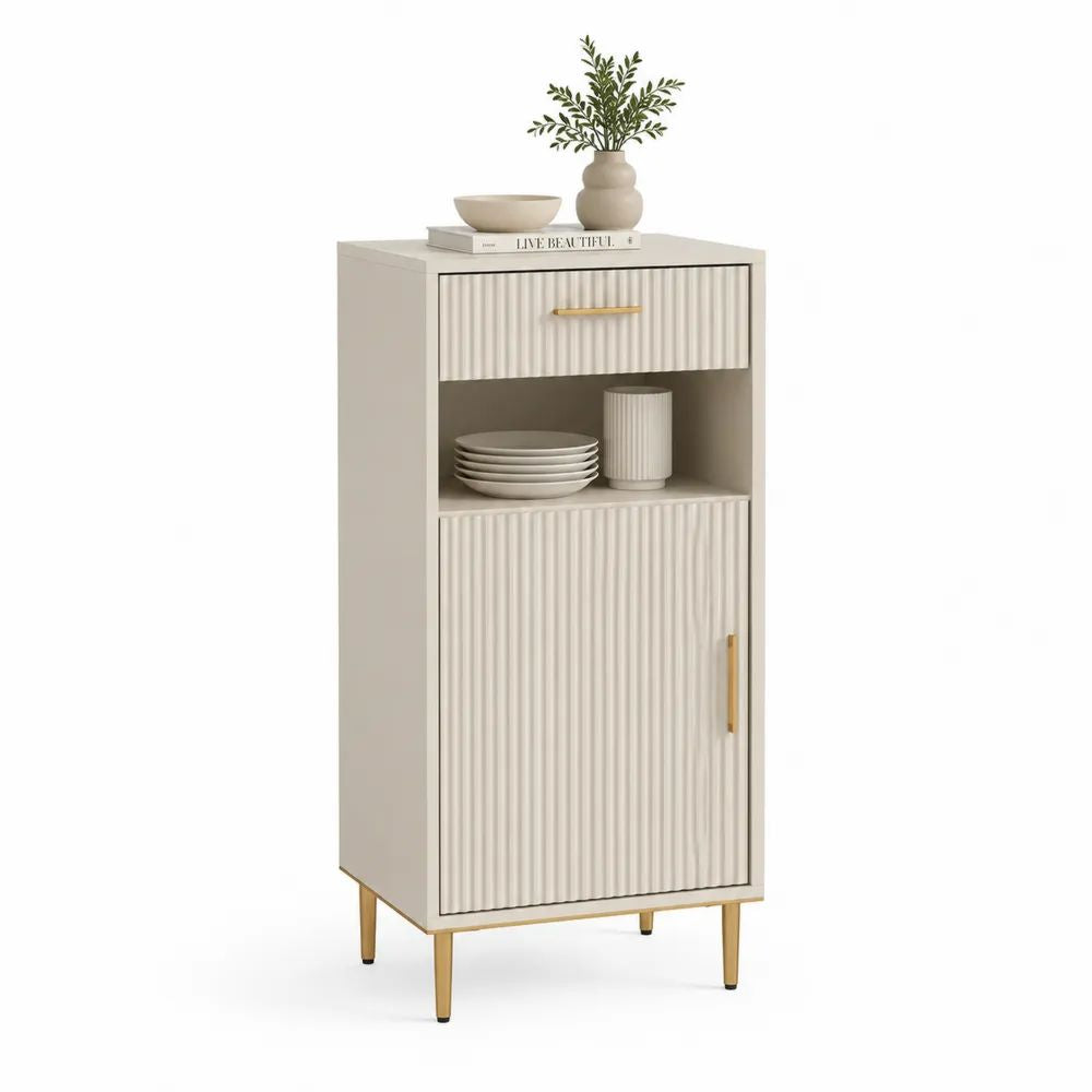 Buffet haut étroit rectangulaire en panneaux de particules, MDF et acier, 1 porte, 1 tiroir et 1 niche, blanc cassé et doré, 40 × 35 × 90 cm