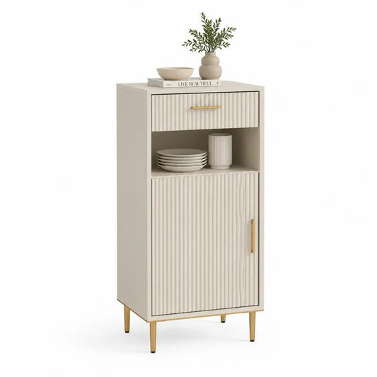 Buffet haut étroit rectangulaire en panneaux de particules, MDF et acier, 1 porte, 1 tiroir et 1 niche, blanc cassé et doré, 40 × 35 × 90 cm