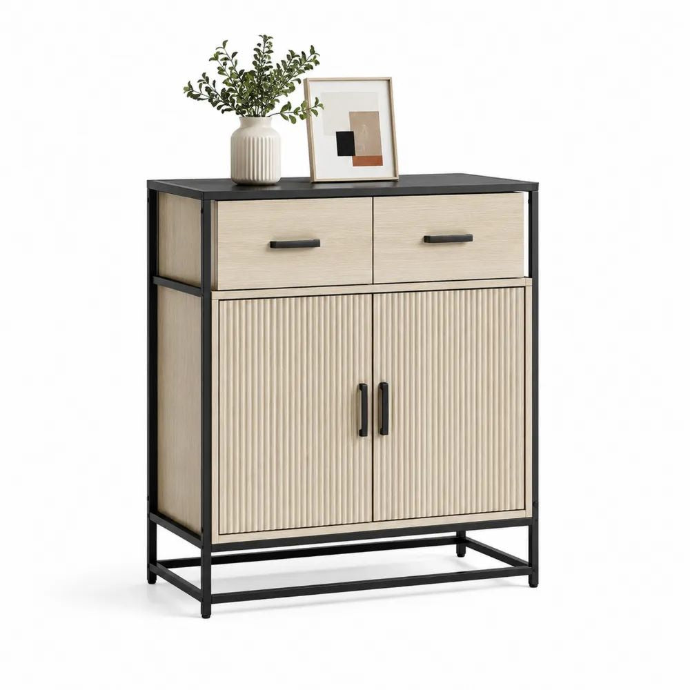 Buffet haut rectangulaire à 2 portes et 2 tiroirs en panneaux de particules et acier, chêne clair et noir, 80 × 35 × 100 cm