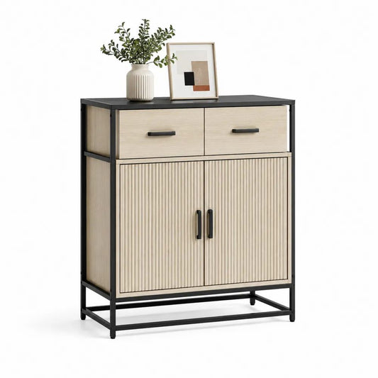 Buffet haut rectangulaire à 2 portes et 2 tiroirs en panneaux de particules et acier, chêne clair et noir, 80 × 35 × 100 cm