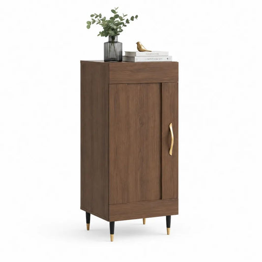 Buffet haut rectangulaire à 1 porte en bois et métal, brun noyer, noir et doré, 60 x 35 x 120 cm