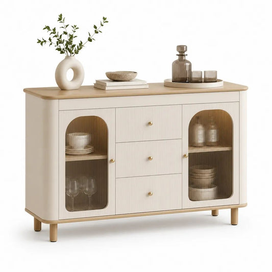 Buffet rectangulaire en MDF et verre cannelé, 2 portes et 3 tiroirs, blanc cassé et chêne clair, 140 × 40 × 90 cm