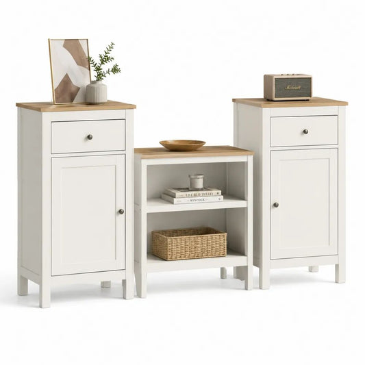 Ensemble de 3 meubles de rangement en bois et métal, blanc et chêne clair, 2 meubles de 40 × 30 × 80 cm et 1 meuble de 60 × 30 × 55 cm