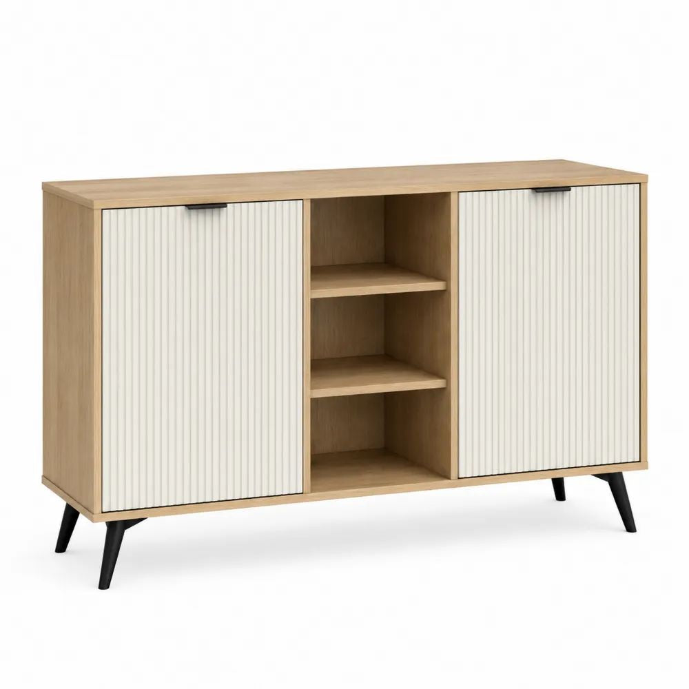 Buffet rectangulaire en bois et métal avec 2 portes rainurées et 3 niches, chêne clair, blanc et noir, 120 × 40 × 80 cm
