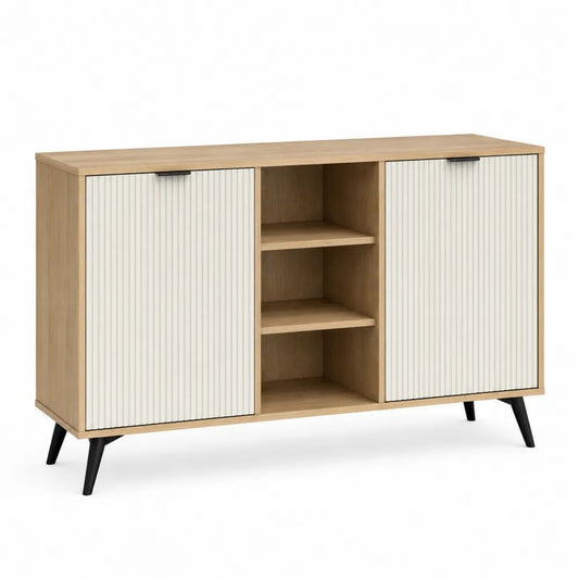Buffet rectangulaire en bois et métal avec 2 portes rainurées et 3 niches, chêne clair, blanc et noir, 120 × 40 × 80 cm