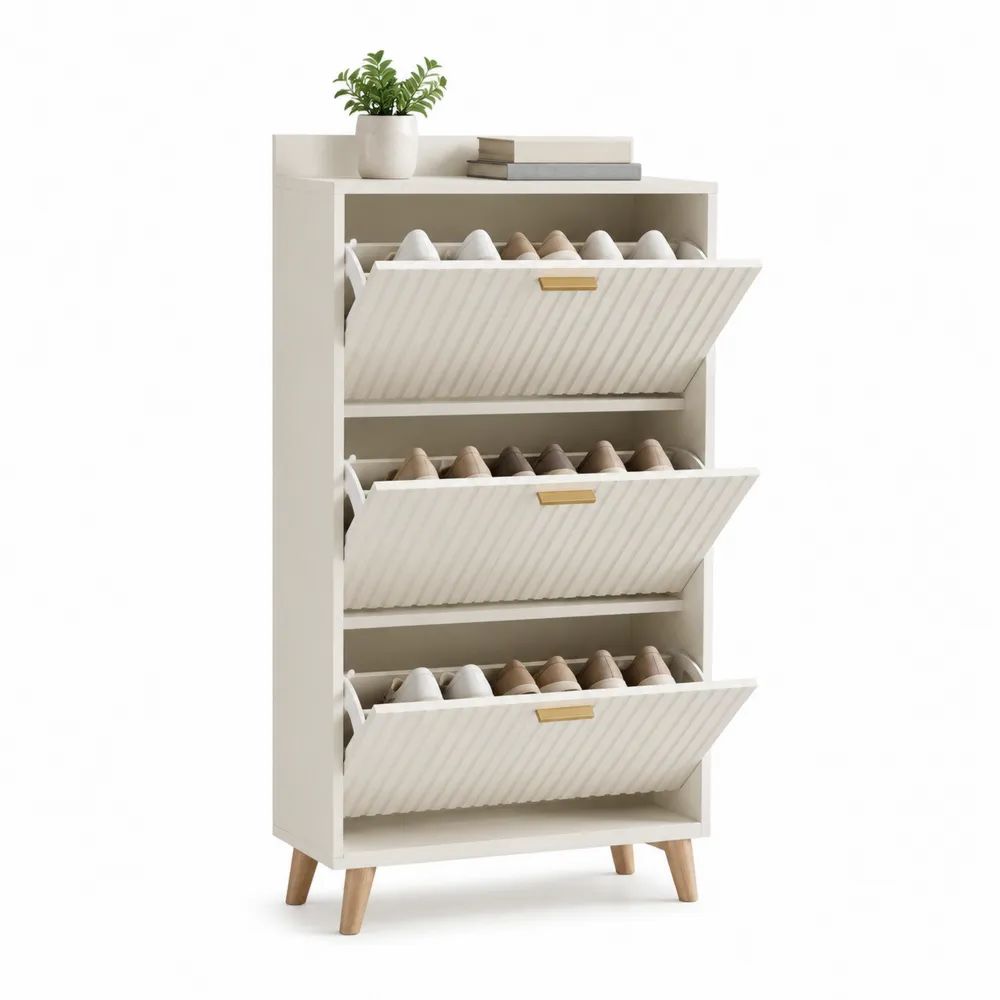 Meuble à chaussures rectangulaire en MDF et panneaux de particules, 3 abattants, blanc et bois naturel, 80 × 24 × 120 cm