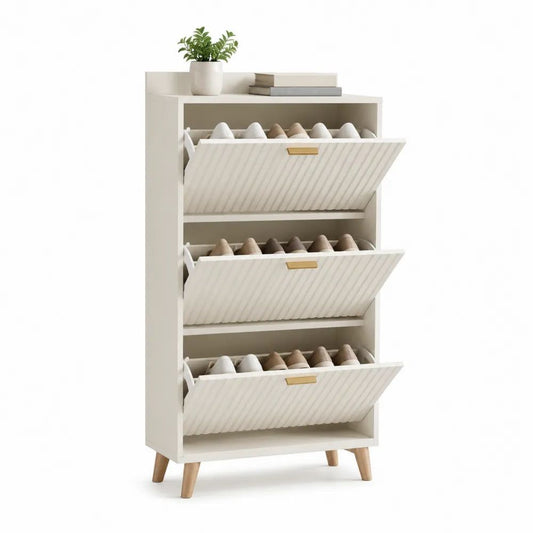 Meuble à chaussures rectangulaire en MDF et panneaux de particules, 3 abattants, blanc et bois naturel, 80 × 24 × 120 cm