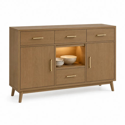 Buffet rectangulaire en bois et MDF plaqué chêne, 2 portes, 4 tiroirs et niche éclairée, chêne naturel et laiton, 140 × 40 × 100 cm
