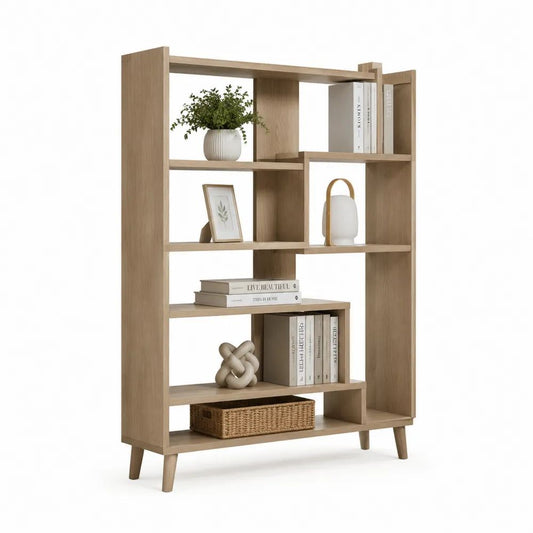 Bibliothèque étagère asymétrique en panneaux de particules, décor chêne naturel, 100 × 30 × 160 cm