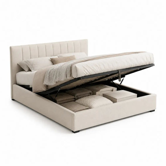 Lit coffre double rembourré en polyester beige avec sommier relevable, couchage 160 x 200 cm, dimensions 215 x 170 x 105 cm